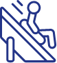 Icon of a person sliding down a slide. The figure, represented by simple lines and circles, is seated on a sloping line indicating a slide, with motion lines suggesting movement. The entire image is rendered in blue.