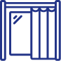 A simple blue illustration of a window with a pair of curtains. The curtains are partially drawn to the sides, revealing the windowpane which has a single diagonal line and a small square in one corner, indicating reflected light.