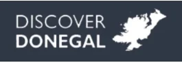 A rectangular logo with a navy blue background featuring the words "DISCOVER DONEGAL" in white text. To the right of the text is a white silhouette map of Donegal, a county in Ireland.