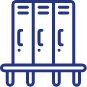 A blue icon of three lockers side by side on a stand. Each locker door has a handle and a vertical rectangular vent near the top. The lockers are placed on four supporting legs.