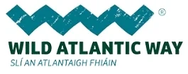 The image features the logo of the Wild Atlantic Way, with four teal-colored wave shapes above the text "WILD ATLANTIC WAY" in bold letters. Below, the Irish translation "SLÍ AN ATLANTAIGH FHIÁIN" is written in smaller letters.