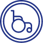 A blue circular icon with a stylized wheelchair symbol inside. The design features a person sitting in a wheelchair, with lines creating a sense of movement or speed. The icon is enclosed within two concentric circles.