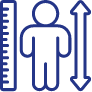 An icon in blue depicting a simplified human figure flanked by a vertical ruler on the left side and a vertical arrow pointing up and down on the right side, representing measurement or height.