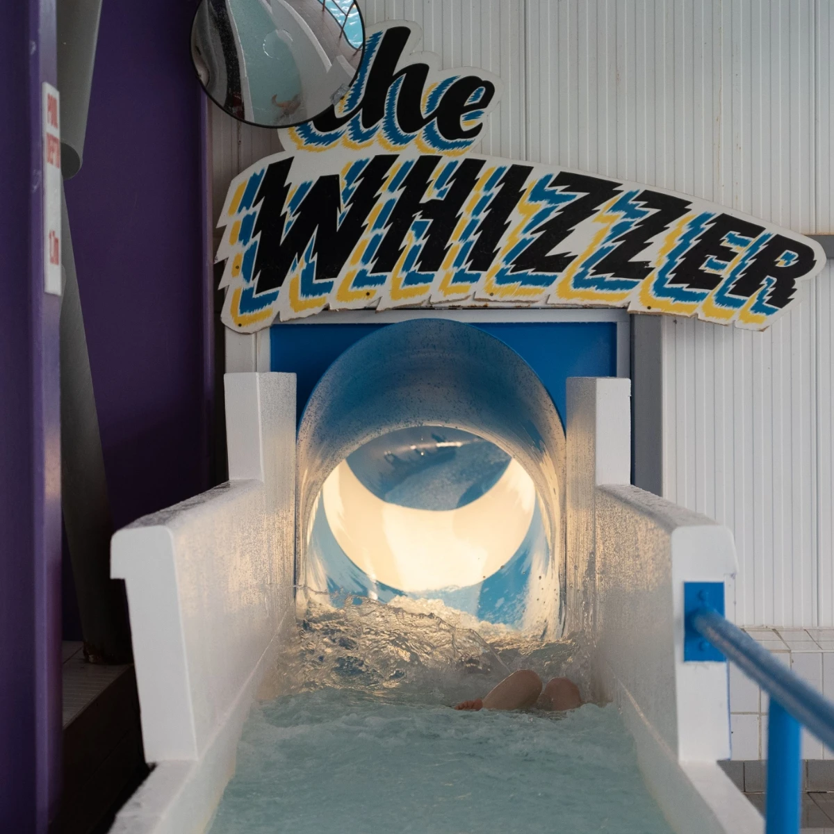 A water slide named "The Whizzer" with a blue tunnel and white sides. The slide's entrance is partially submerged in water, and the legs of a person about to slide down are visible. The slide is in an indoor setting with a purple support beam nearby.